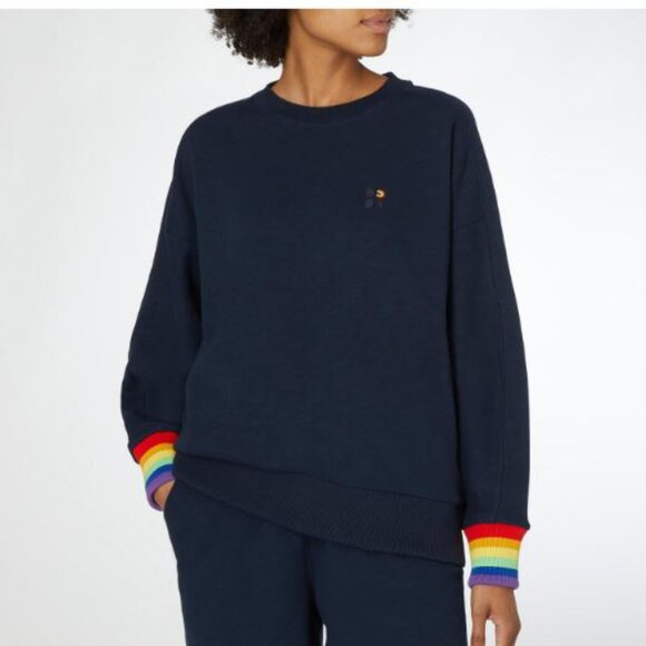 Sweaty Betty Essential Sweatshirt Rainbow Cuffs Pullover Navy Cotton - Picture 1 of 12